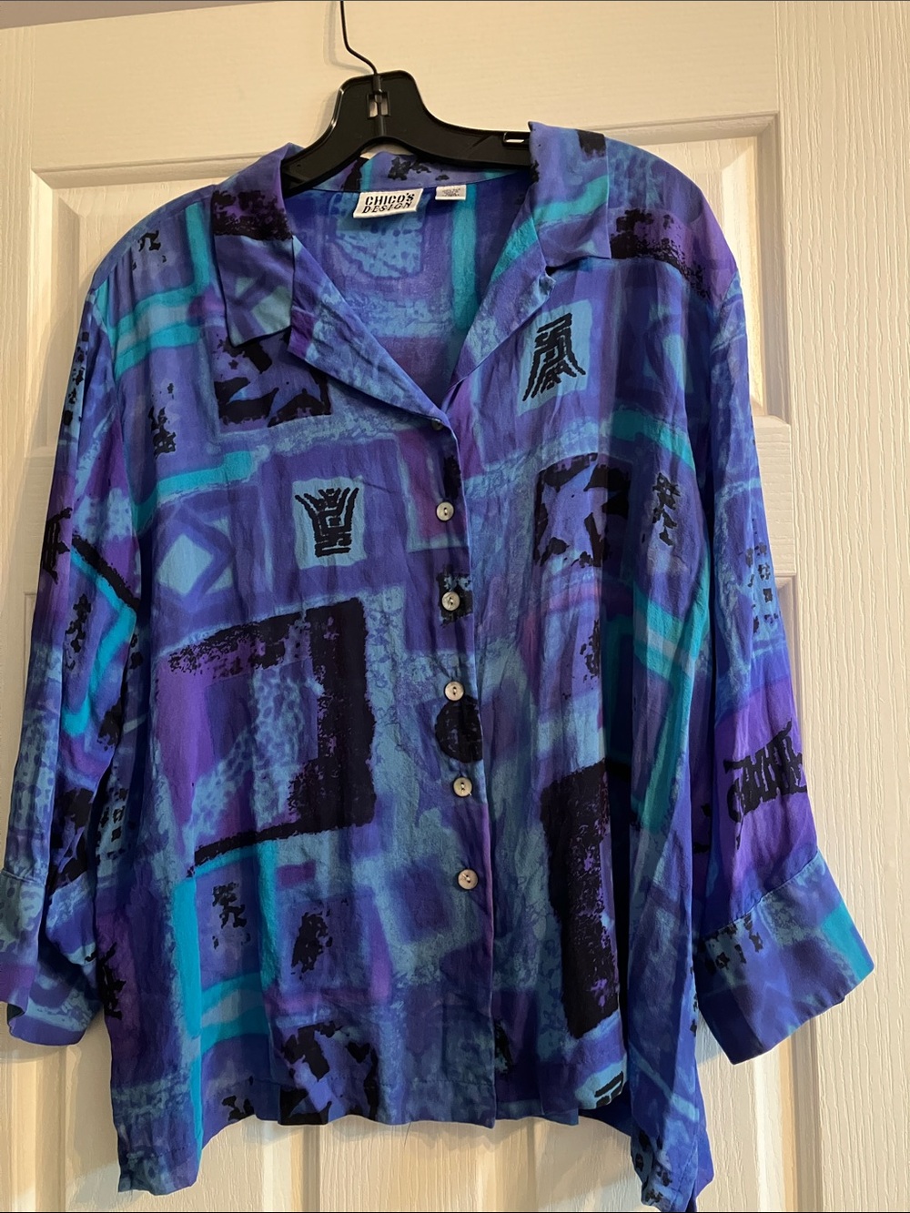 Vintage-Inspired Blue & Purple Button-Up Blouse 3/4 sleeve size 3
